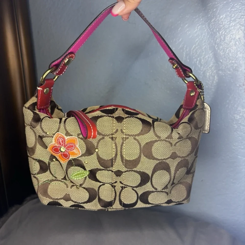 Vtg Coach Mini Pouch Signature Red Brown Flower Handbag Rare Signature Y2K